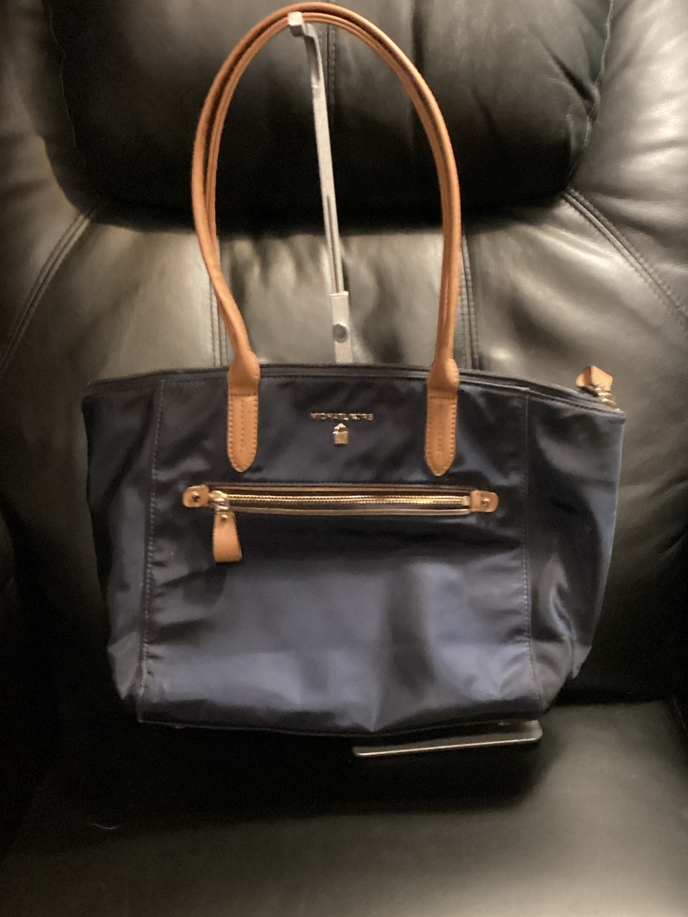 Michael Kors Kelsey Navy Tote with Tan Leather Trim